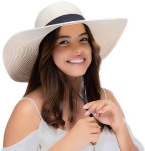 lot 3419 image: Womens Wide Brim Sun Hat - Foldable, UV Protection, Adjustable Chin Strap (White-Blk)