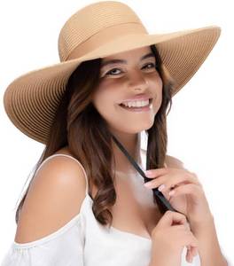 lot 3421 image: Womens Wide Brim Sun Hat - Foldable, UV Protection, Adjustable Chin Strap (Bronze-Beige)