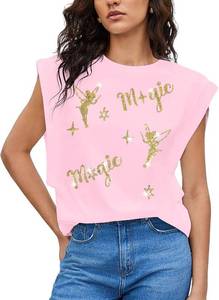 lot 3438 image: Magic Kingdom Tank Tops Women Sequin Magical Castle Shirt Fairy Graphic Tees Summer Vacation Sleeveless Top Size Medium