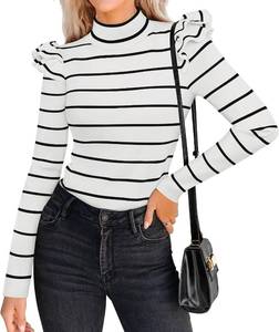 lot 3440 image: ZESICA Womens Striped Ruffle Long Sleeve Tops Fall Turtleneck Ribbed Knit Slim Fit Basic Shirt Casual Pullover Sweater White Size Large