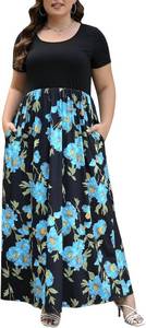 lot 3441 image: Nemidor Plus Size Maxi Dresses for Curvy Women Casual Short Sleeve Chevron Print Long Dress with Pocket Black with maroon and pink flowers Size 24