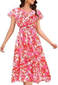 lot 3452 image: Bridesmay Womens Summer Floral Midi Dresses Ruffle Sleeve Beach Wedding Guest Dress V Neck Swing Flowy Dresses Red Pink Flowers XL