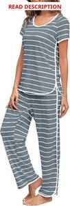 lot 3453 image: FKEEP Stripe Pajamas Set Women Two-Piece Nightwear Short Sleeve Sleepwear Soft Side Split Loungewear Pjs Sets Pink and White 2XL