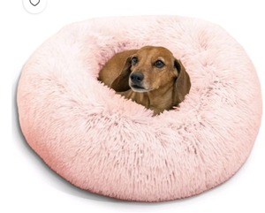 lot 3462 image: Calming Shag Fur Donut Cat Bed, cat and Dog Bed, Comfy, Faux Fur Plush (Pink)