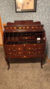 lot 9 image: Custom Imported Handcrafted Middle Eastern Roll Top Desk with Inlaid Map and Brass Hardware
