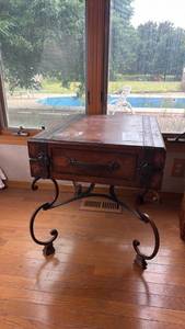 lot 15 image: Bombay Style End Table with Drawer and Wrought Iron Base