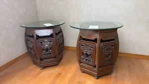 lot 16 image: Pair of Chinese Carved Wood Octagonal Side Tables with Glass Tops