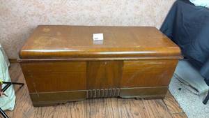 lot 21 image: Wood Storage Trunk with Blue Lined Interior and Metal Banding