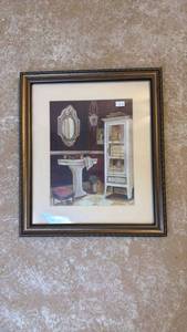 lot 39 image: Framed Bathroom Interior Print with Pedestal Sink and Mirror 14.5 x 13