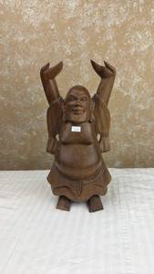 lot 45 image: Hand-Carved Wooden Buddha Figure with Raised Arms Approximately 15 inches