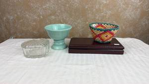 lot 60 image: Decorative Lot Turquoise Pedestal Bowl, Woven Basket, Glass Dishes, Wood Box