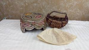 lot 61 image: Decorative Box with Lid, Woven Basket with Handle, and Crocheted Doily 3-Piece Lot