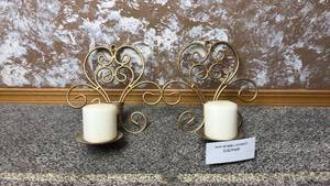 lot 73 image: Pair of Wall Sconces with Scrolled Metal Frames and Candle Holders