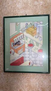 lot 79 image: Framed Interior Design Illustration Diner Kitchen Scene