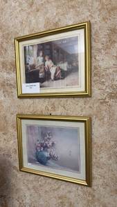 lot 83 image: 2 Framed Prints Ladies With Bird Cage Floral Still Life Gold Frame 15x12