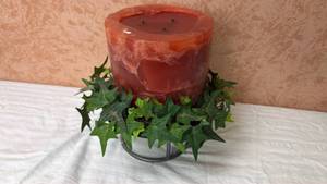 lot 88 image: Red Pillar Candle with Ivy Ring Holder Approximately 4 inches