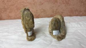 lot 98 image: Pair of Carved Stone Head Sculptures with Hieroglyphic Details