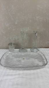 lot 107 image: Crystal Glass Candlestick Holders, Embossed Rose Tray, and Lidded Jar Set