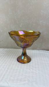 lot 111 image: Marigold Carnival Glass Grape Pattern Compote Set
