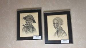 lot 113 image: Framed Charcoal Portrait Drawings - Middle Eastern Man and Woman Set of 2