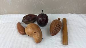 lot 119 image: Hand-Carved Wooden Fruit and Nut Figurines Set of 6