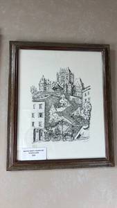 lot 128 image: Framed Black & White Ink Drawing Signed Fladd �� Chateau Frontenac Quebec City 23 X 19