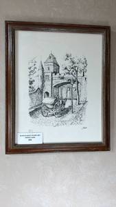 lot 129 image: Signed Fladd Black & White Framed Art Print �� Castle & Carriage Scene
