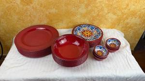 lot 130 image: TL Mulino Red Melamine Dinnerware Set 29-Piece