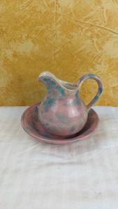 lot 137 image: Pink and Teal Spongeware Ceramic Pitcher and Bowl Set