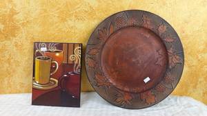 lot 141 image: Decorative Wood Charger Plate and Coffee Art Canvas Print Set