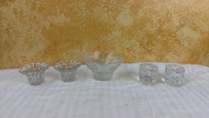 lot 146 image: Clear Pressed Glass Candle Holders and Bowl Set