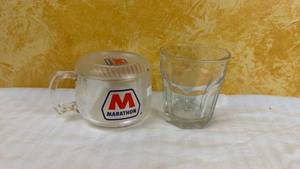 lot 147 image: Marathon Oil Company Promotional plastic Mug and  glass Tumbler