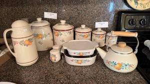 lot 170 image: Fruit Pattern Kitchen Collection - Canisters, Corningware, Teapot & More