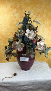 lot 199 image: Tall Burgundy Swirl Vase with Silk Floral Arrangement