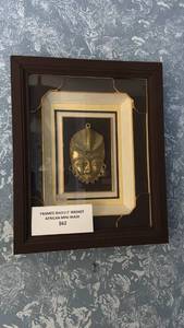 lot 213 image: Framed Baoul� Bronze African Mini Mask 13 x 11