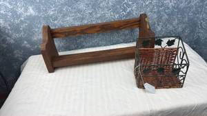 lot 218 image: Wood Basket Caddy with Metal Leaf Handles