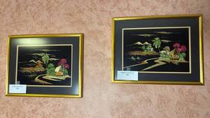 lot 246 image: Framed Bamboo Art Landscape Scene with Palm Trees 2-Piece Set 14x18