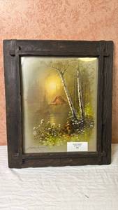 lot 248 image: Rustic Framed Barn Scene Painting with Birch Trees and Flowers 26x22