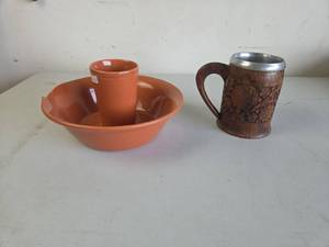 lot 283 image: 2-Piece Lot Orange Ceramic Chip and Dip Set, Carved Wood Mug with Metal Band