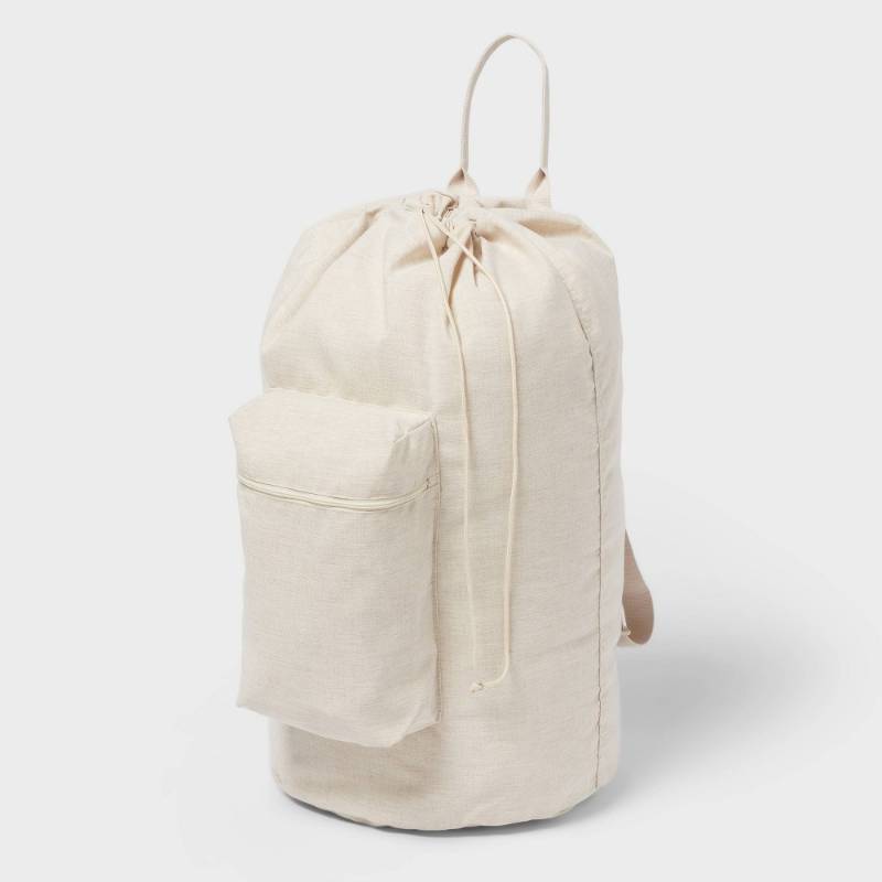 lot 1136 image: Canvas Backpack Laundry Bag - Brightroom�� Linen Backpack Hamper, 50L Capacity, Multipurpose, Beige, 1 Handle - Retail $15