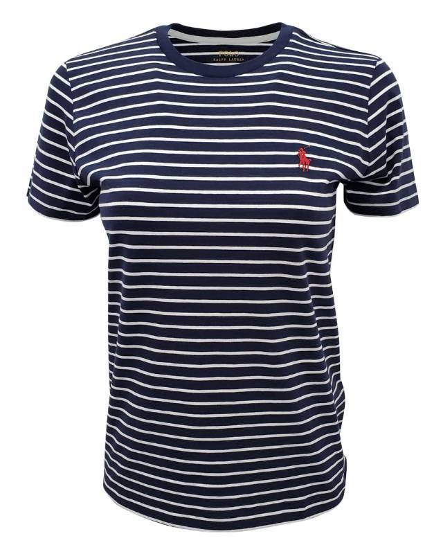 lot 1228 image: POLO RALPH LAUREN Polo Womens Crewneck Pony Logo Tee (X-Small, NavyWhite Thin Striped (Red Pony)) - Retail $55