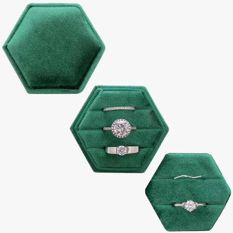 lot 1215 image: Beatilog 2 IN 1 Ring Box Wedding Day, Hexagon 2 and 3 Slot Ring Box, Premium Double Rings Bearer Holder, Handmade Velvet Ring Git Box for Proposal Engagement Ceremony Christmas Travel (Emerald) - Retail $13