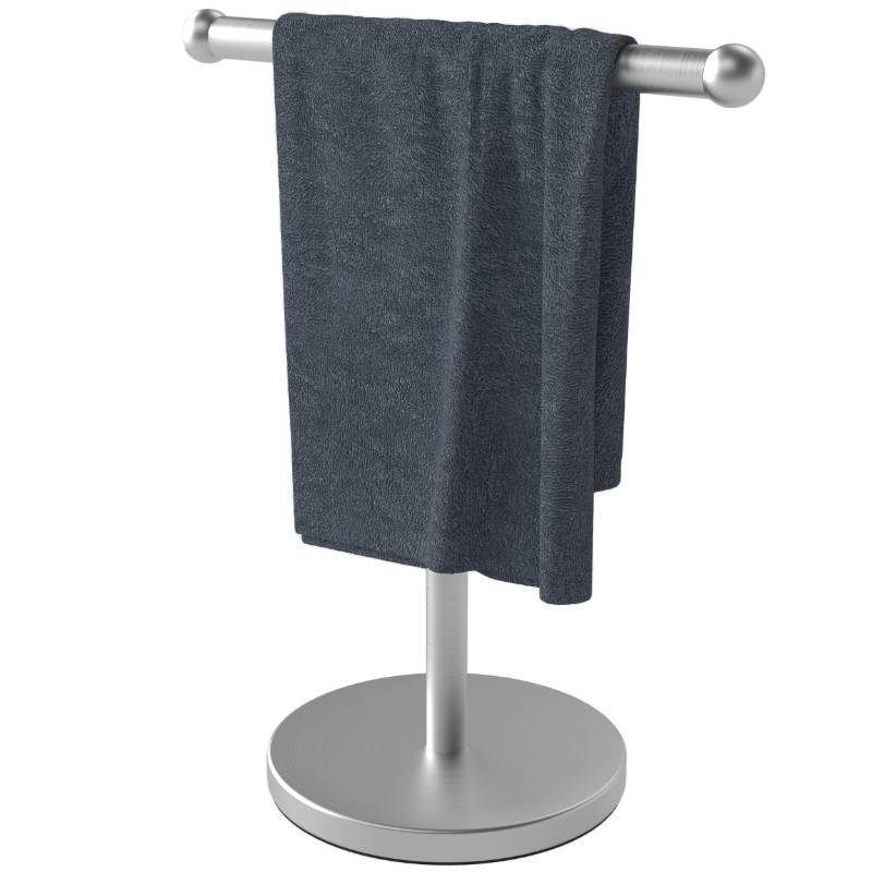 lot 1199 image: Qflushor Hand Towel Holder Stand with Weighted Base, Stainless Steel Silver T-Shape Fingertip Towel Bar Rack Stand, Hand Towel Stand for Bathroon Vanity Countertop - Retail $16