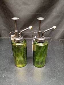 lot 1019 image: Set of 2 - Plant Mister Spray Bottles with Metal Pump Nozzles Green Ribbed Glass Set of 2 - Retail $0