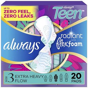 lot 1129 image: Always Radiant Size 3 Teen Unscented Pads - Extra Heavy - 20ct - Retail $14