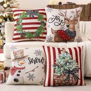 lot 1207 image: MIULEE Set of 4 Holiday Red Decorative Pillow Covers 16x16 inch Snowman Elk Merry Christmas Throw Pillow Cases - Retail $34