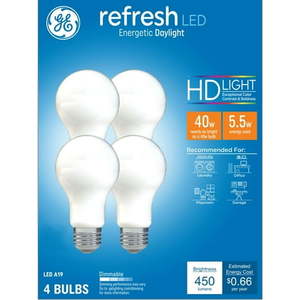 lot 1100 image: GE Refresh HD LED Light Bulbs  40 Watts  Daylight  A19 Bulbs  Medium Base  Frosted Finish  4pk - Retail $20