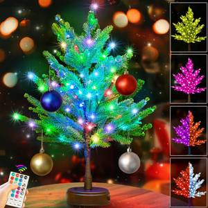 lot 1212 image: Pooqla RGB Lighted Mini Christmas Tree, Color Changing Tabletop LED Xmas Tree with Remote, 28 Colors 80 LED Pre-lit Artificial Small Tree with Hanging Ball Ornaments Home Party Christmas Decoration - Retail $16
