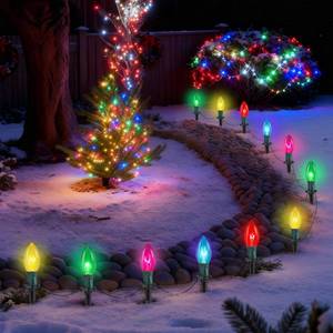lot 1216 image: C9 Multicolor Christmas Pathway Lights,38FT 25 Pcs Multicolored Extendable Waterproof Christmas Walkway Lights with Multicolor Bulbs and Stakes for Outdoor Lawn Garden Sidewalk Xmas Decorations - Retail $36