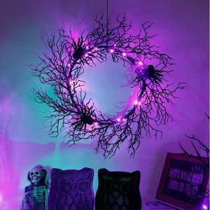 lot 1217 image: Adroiteet 24 Halloween Wreaths for Front Door Lighted Black Spider Wreath - Retail $24